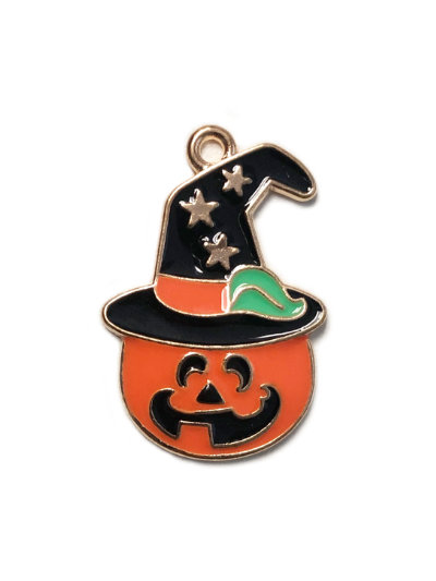 Halloween Pumpkin with Hat Enamel Charm - Orange, Black & Green MAIN