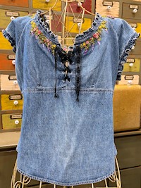 Lace-up Ribbon Embroidered Denim Top THUMBNAIL