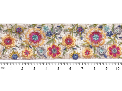 Light Pink Tulle Trim with Bright Colorful Embroidered Flowers and Silver Sequins MAIN