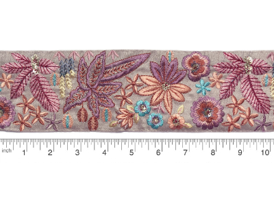Lavender Silk Trim with Colorful Embroidered Flowers and Leaves MAIN