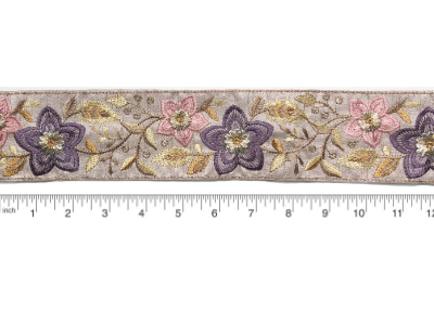 Lavender Silk Trim with Purple and Pink Embroidered Flowers and Gold Leaves MAIN
