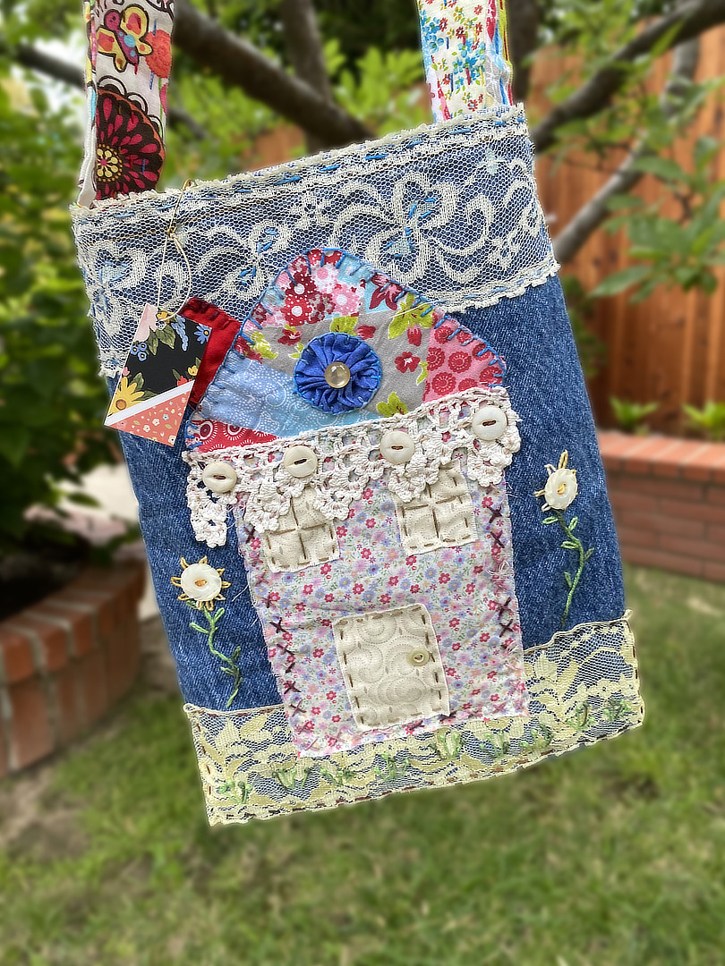 My Calico Cottage Denim Shoulder Tote - Pink THUMBNAIL