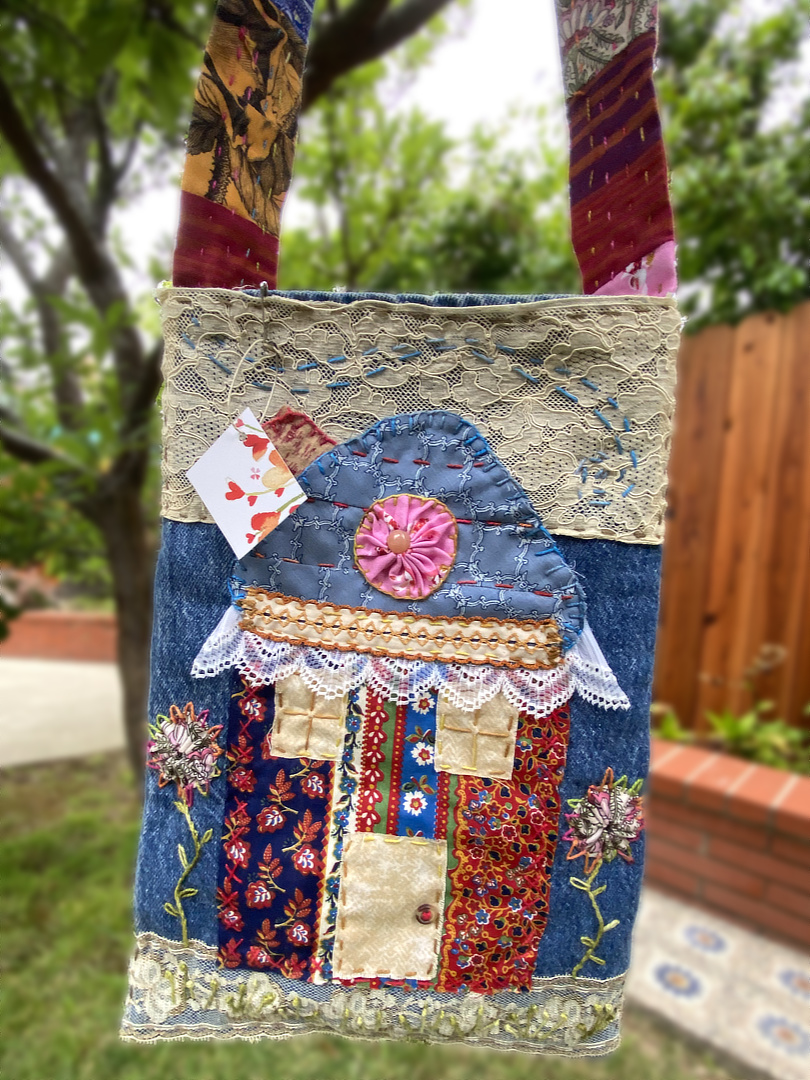 "My House" Funky Denim Tote - One of a Kind THUMBNAIL