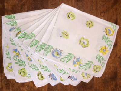 Vintage Napkins – White with Blue, Yellow and Green Floral Print with Green Leaves (set of 8) MAIN