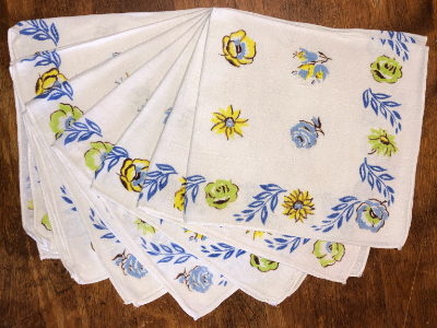 Vintage Napkins – White with Blue, Yellow and Green Floral Print with Blue Leaves (set of 7) MAIN