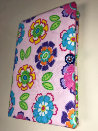 Needlebook with Button Closure – Bright Flowers on Pink with Red, White and Blue Button THUMBNAIL