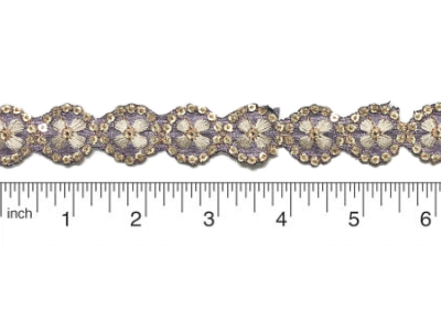 Purple and Gold Embroidered Floral Trim with Gold Sequins MAIN