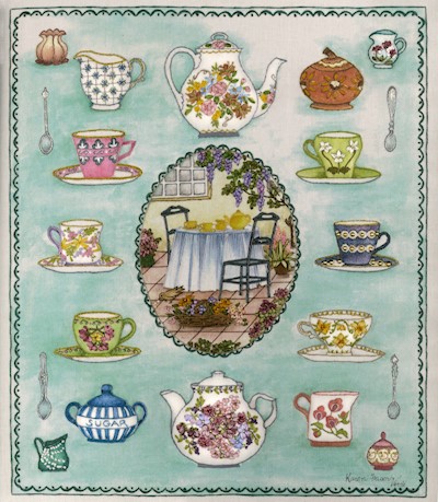 Ribbon Embroidered “Time for Tea" LARGE
