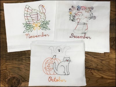 Hand Embroidered Tea Towels — Halloween, Thanksgiving, Christmas LARGE