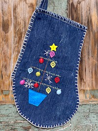 Christmas Stocking - Denim with Tree, Yellow Star small THUMBNAIL