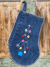 Christmas Stocking - Denim with Tree, Snowflakes small THUMBNAIL