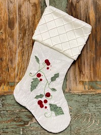 Christmas Stocking - White with Vines with red Berries THUMBNAIL