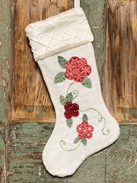 Christmas Stocking - White with Red Roses & Leaves THUMBNAIL