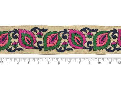 Tan Silk Trim with Bright Pink, Magenta, Green and Navy Blue Embroidered Floral and Leaf Pattern MAIN