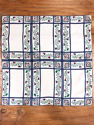 Vintage Tablecloth – Cream Colored Rectangular Sections with Blue Borders and Floral Motifs MAIN