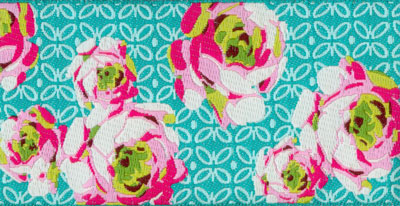 Pink and White Roses on Aqua Woven Trim - # AB-8 col. 2 MAIN
