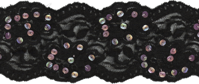 Black Elastic Lace Trim with Iridescent Pink Sequins MAIN