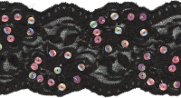 3 1/2" Wide Elastic Lace Trim with Iridescent Pink Sequins – Black THUMBNAIL
