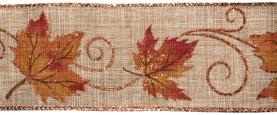 2 1/2" Wired Natural Linen Ribbon with Sparkly Orange Leaves MAIN