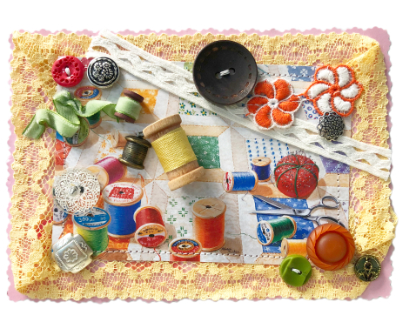VINTAGE Buttons, Spools, Lace, Appliques and Charm on Colorful Sewing Item Card MAIN