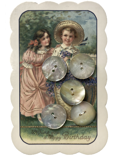 VINTAGE Mother of Pearl Buttons on "Happy Birthday" Card with Girl and Boy MAIN