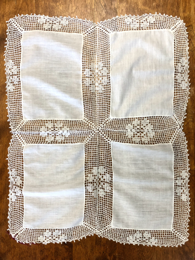 Vintage Doily – Four Fabric Rectangles with Crocheted Borders MAIN