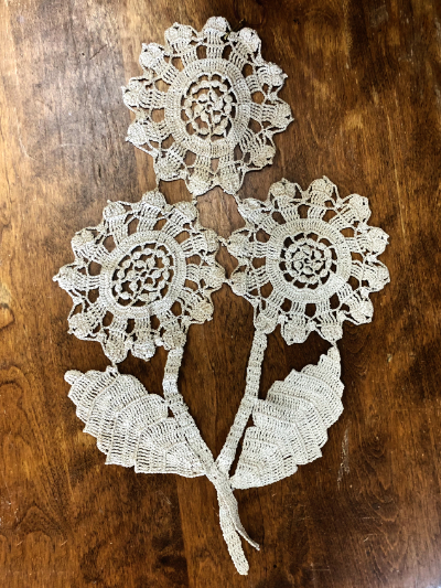 Vintage Crocheted Doily – Three Flowers with Stems and Leaves MAIN