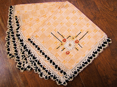 Vintage Embroidered Napkins – Orange with Black and Cream Lace (set of 4) MAIN