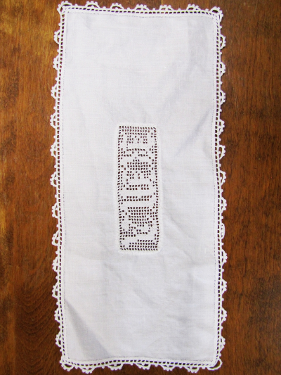 Vintage Hardanger Table Runner with Initials K.M.A. MAIN