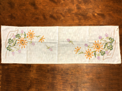 Vintage Table Runner – Embroidered Clovers and Purple and Orange Flowers MAIN