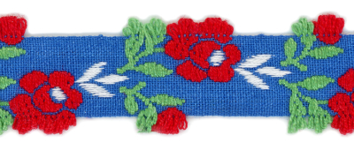Woven Trim – Blue Ribbon with Red, Green and White Woven Flowers and Leaves MAIN
