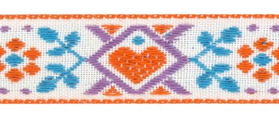 Woven Trim – White with Orange, Purple and Blue Heart and Flower Design MAIN