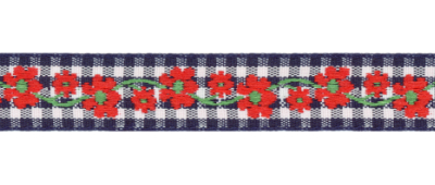 Woven Trim – Navy and White Gingham with Red Flowers MAIN
