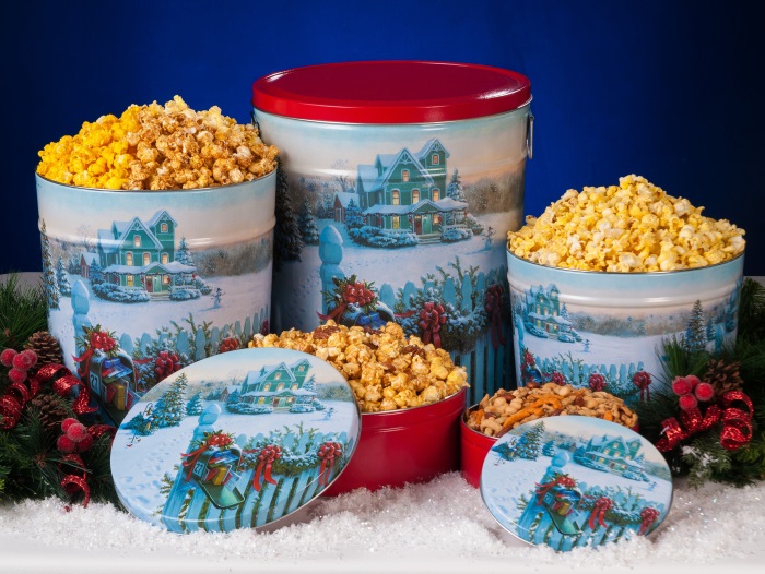 christmas mail popcorn tins