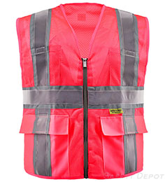 Pink colored safety vests polyester mesh with reflective stripes and pockets THUMBNAIL