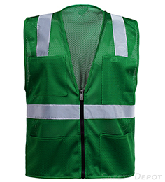 Green colored safety vests polyester mesh with reflective stripes and pockets THUMBNAIL