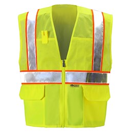 Yellow Lime safety vests polyester mesh with reflective stripes and pockets THUMBNAIL