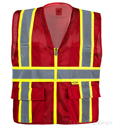 Red colored safety vests polyester mesh with reflective stripes and pockets THUMBNAIL