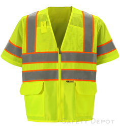 Yellow lime safety vests polyester mesh with reflective stripes and pockets THUMBNAIL