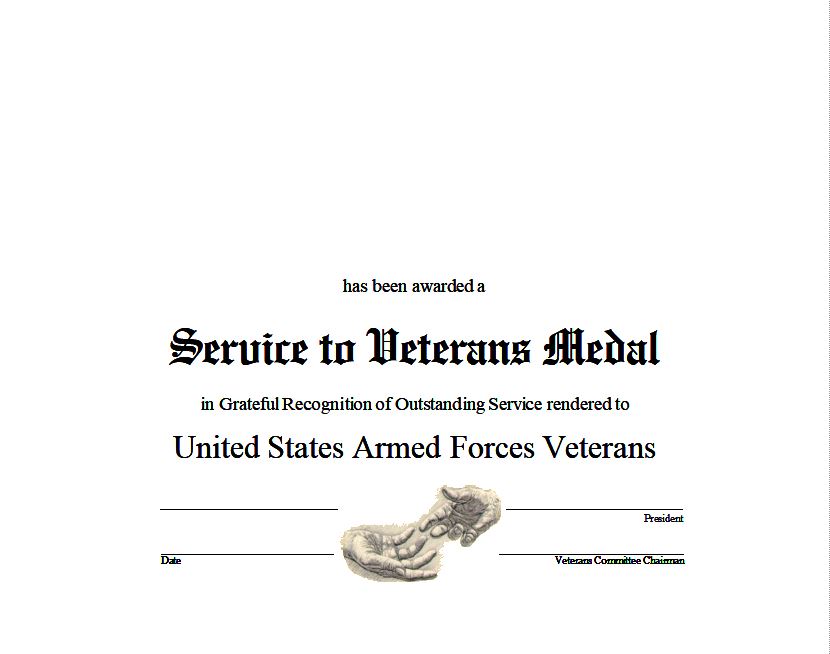 Service to Veterans Medal Certificate LARGE