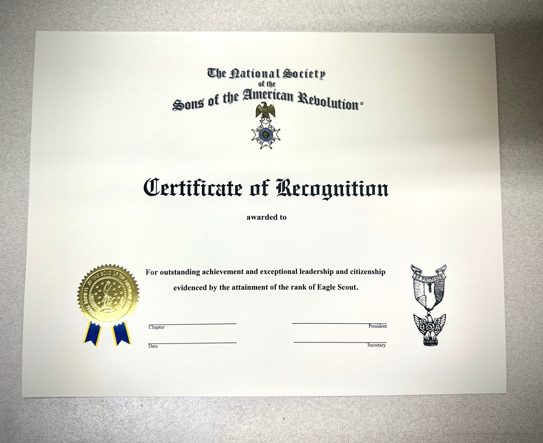 EAGLE SCOUT ENGRAVED CERTIFICATE LARGE