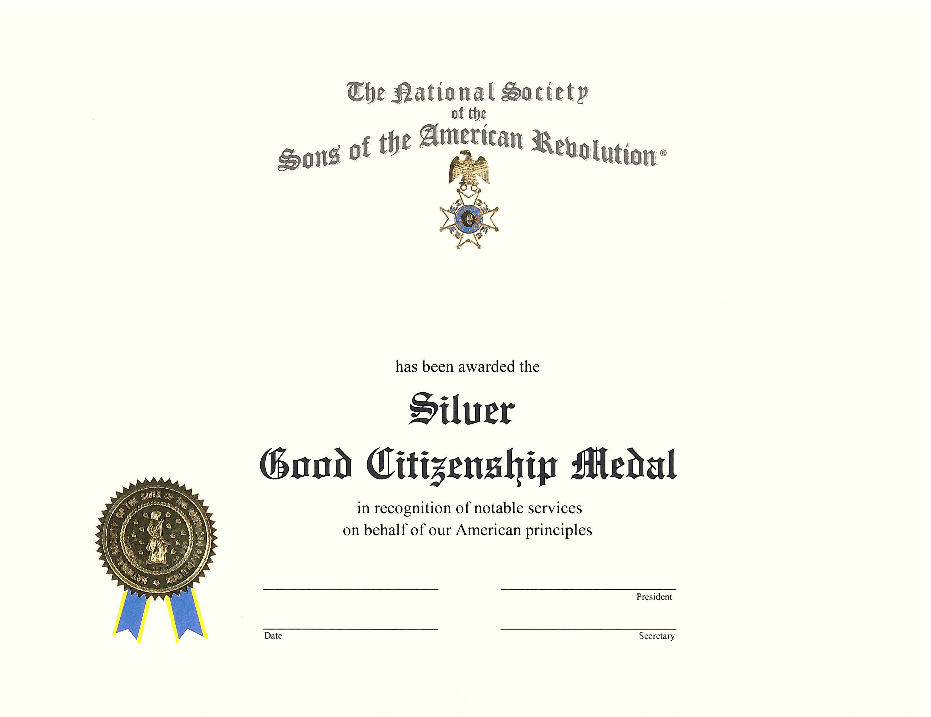 SILVER GOOD CITIZENSHIP MEDAL CERTIFICATE LARGE