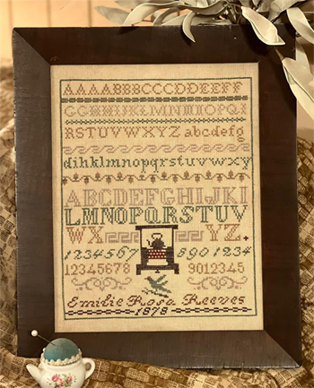 Homespun Elegance - Reproduction Sampler - Emilie Rosa Reeves 1878 Teapot Sampler MAIN