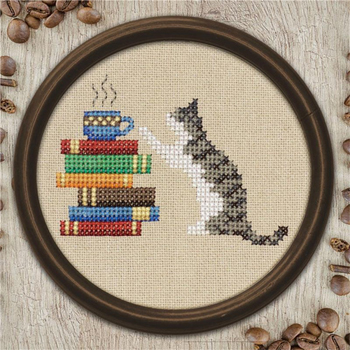 lola crow cross stitch cat books and coffee needlework