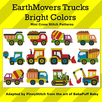 MiniCrossStitch - EarthMovers Trucks Bright Colors MAIN