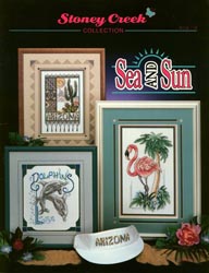 Cover photo of Stoney Creek Book 114 Sea and Sun showing cross stitch designs of flamingo, dolphins and Arizona cactus MAIN