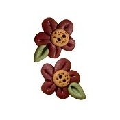 Button - Small Dark Red Flower Head w/ Leaf, Set of 2 THUMBNAIL