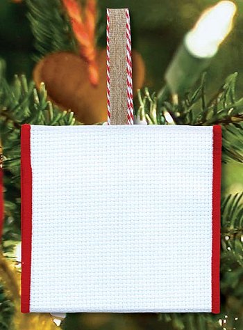 Banded Ornament - 14ct White Aida w/ Red Trim (Candy Cane Ribbon) MAIN