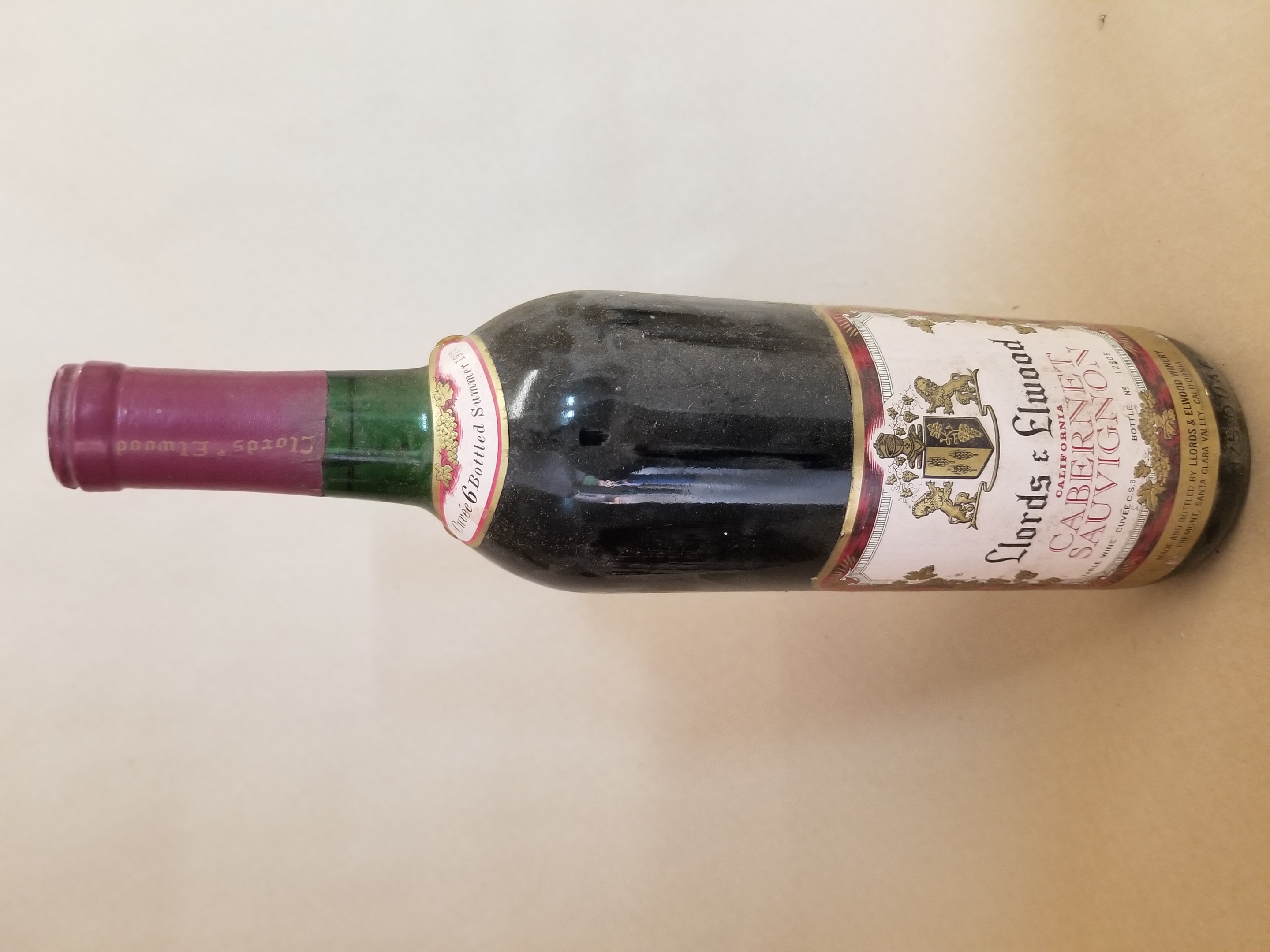 Rare Wine: Llords & Elwood Cabernet Sauvignon, Napa Valley (Low Fill) USA 1972 LARGE