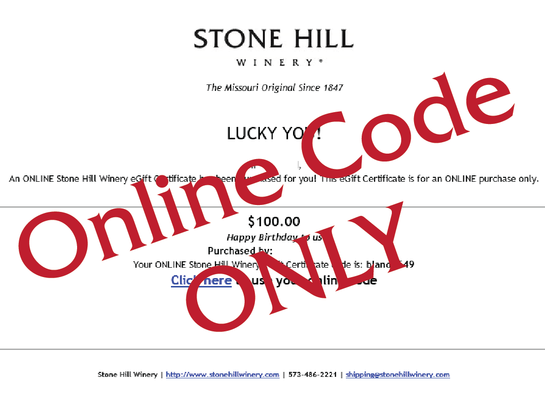 Stone Hill Winery ONLINE eGift Certificate MAIN